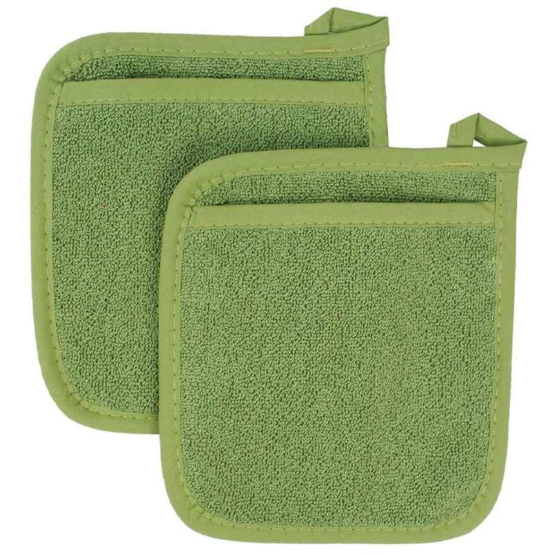 2 Stuks 3 In 1 Pot Houders Badstof Lus Katoenen Doek Handschoenen Pocket Kussen Mat Keuken Tool Koken Keuken Handschoenen pannenlap: Green