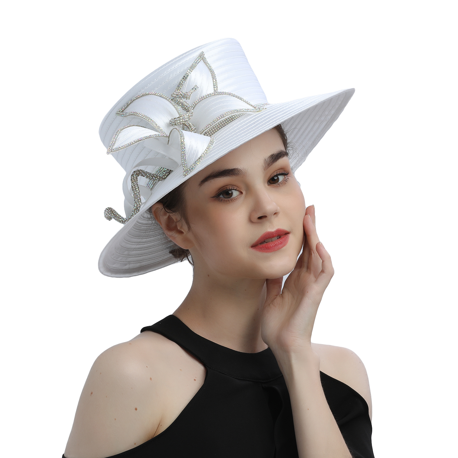 Sombrero de iglesia blanco de lujo para , banquete, tela satinada, sombreros de fotografía, cadenas Premium, sombrero Formal, gorra superior de flores para mujeres y señoras: Otros