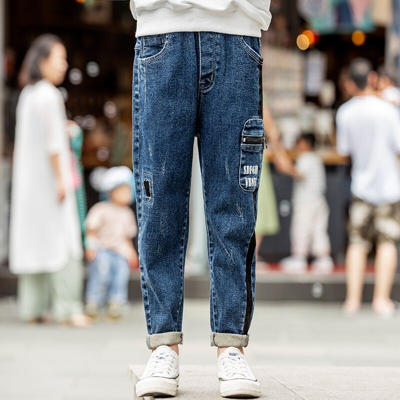 Boys Jeans Boys Pockets Patchwork Stripe Cowboy Pants for Boy Kids Denim Harem Pants Mid Waist Jeans Children 4-14Y