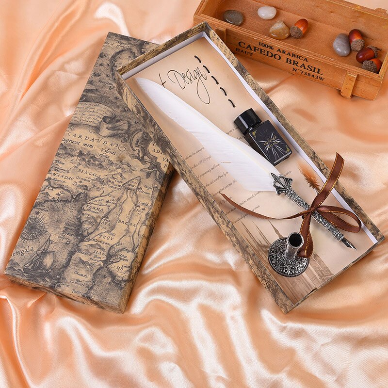 1Set Vintage Kalligrafie Veer Dip Schrijven Pen Inkt Set Briefpapier Box Met 5 Nib Festival Quill Fontein pen: white