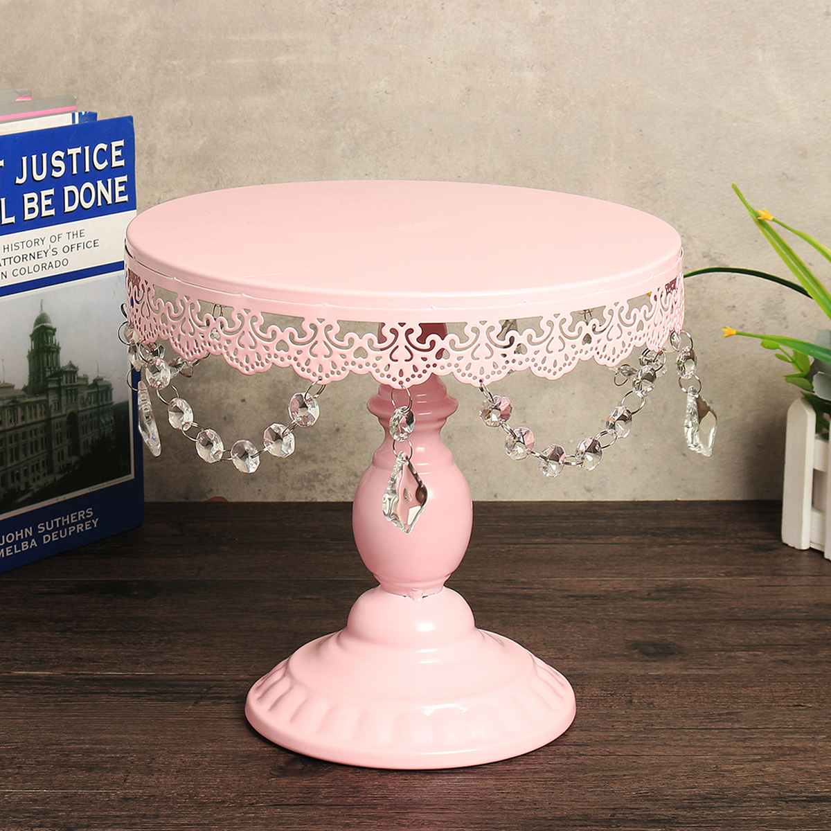 Cake Tools Pink Iron Crystal Pendant Cake Stand Mirror Surface Wedding Dessert Tray Cupcakes Fruits Cookies Pan Display Rack