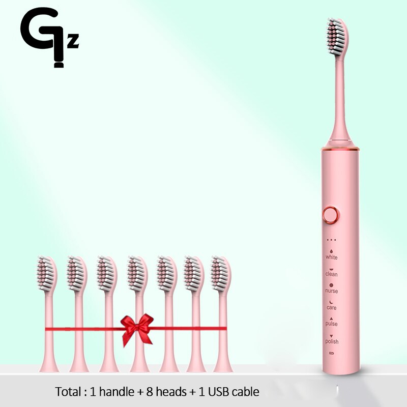 GeZhou-cepillo de dientes eléctrico sónico para niños, dispositivo de limpieza recargable IPX7, resistente al agua, 18 modos de viaje, 16 cabezales: N100pink 8