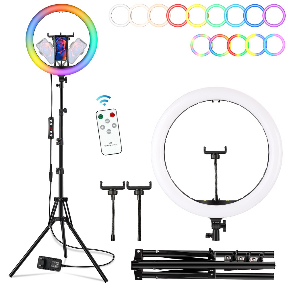 16 Inch Rgb Ring Licht Led Selfie Ring Licht Met 3 Telefoon Clips 200Cm Statief Stand Fotografische Verlichting Video live Vullen Lamp