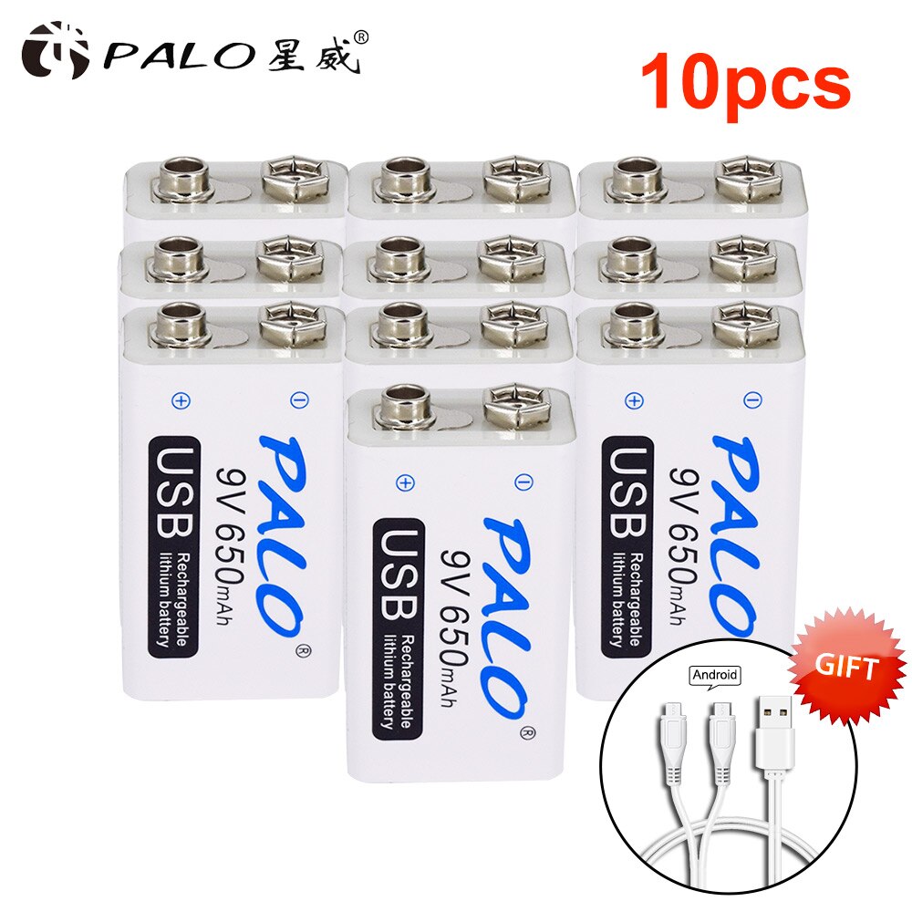 PALO 9V USB batterie au Lithium 650mAh 6F22 6LR61 Li-Ion batterie Rechargeable pour jouets masseurs multimètres guitare avec câble USB: 10 pcs