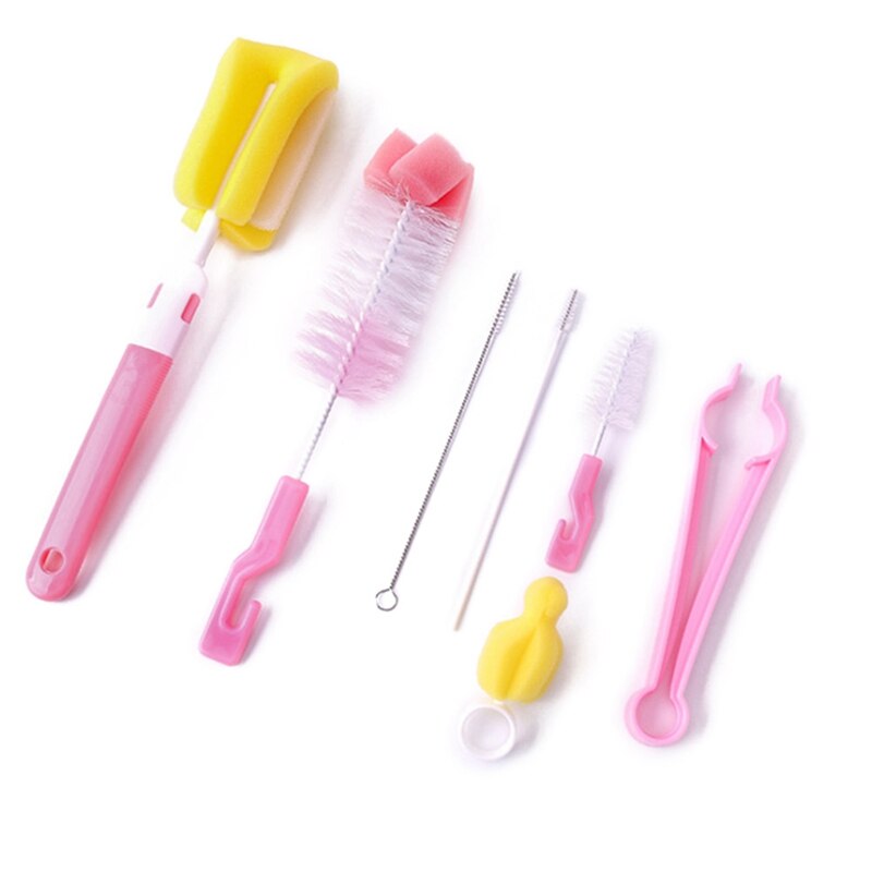 7Pcs/set Bottle Sponge Cleaning Brush Tools Straw Brush Set: Pink