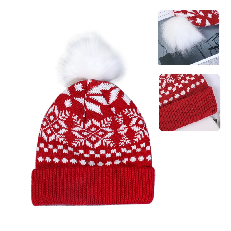 Women Christmas Snowflake Winter Knitted Beanie Hat Cute Fluffy Pompom Stretch Cuffed Skull Cap Ski Ear Warmer
