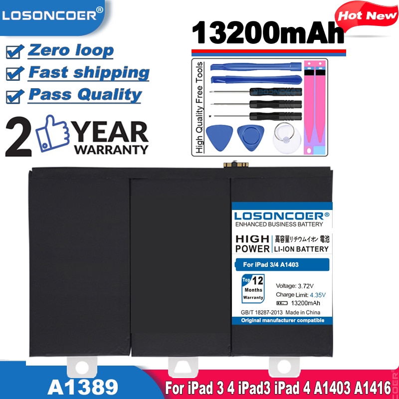 LOSONCOER 13200mAh A1389 Tablet Battery for iPad 3 4 iPad3 iPad 4 A1403 A1416 A1430 A1433 A1459 A1460 A1389 Series Laptop +Tools