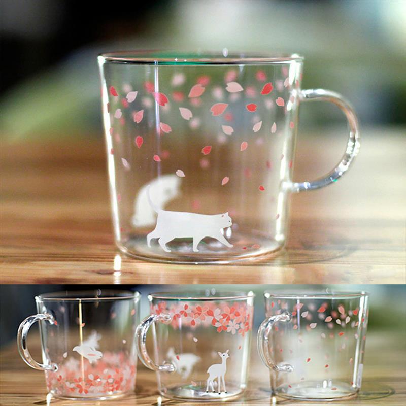 Söt tecknad kattdjur kanin innovativa ölglas värmebeständigt sakura glas te mugg kaffe kopp morgon mjölk juice glas