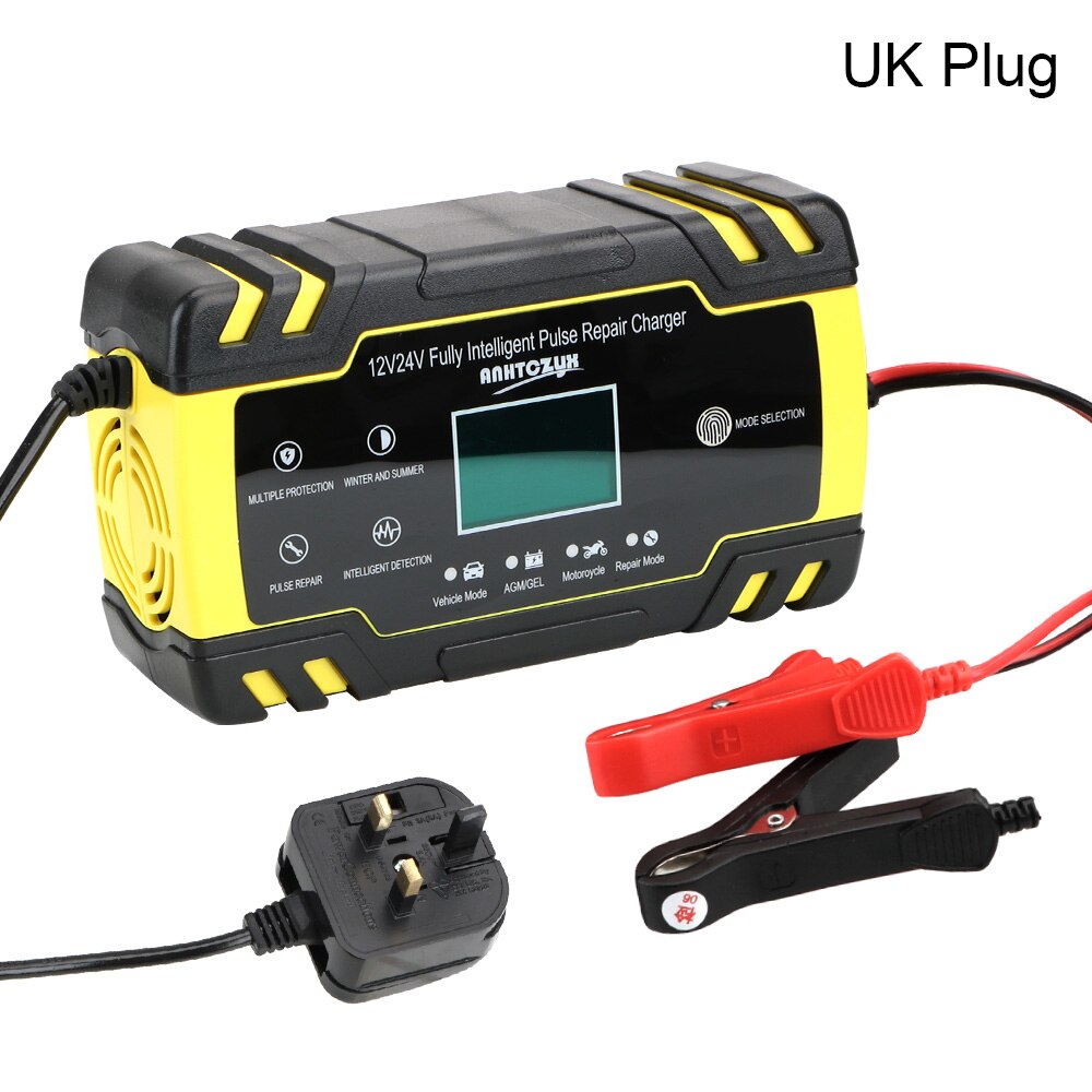 Car Battery Charger Full Automatic Digital LCD Display Intelligent 12V-24V 8A Pulse Repair Wet Dry Lead Acid Battery-chargers: UK Plug