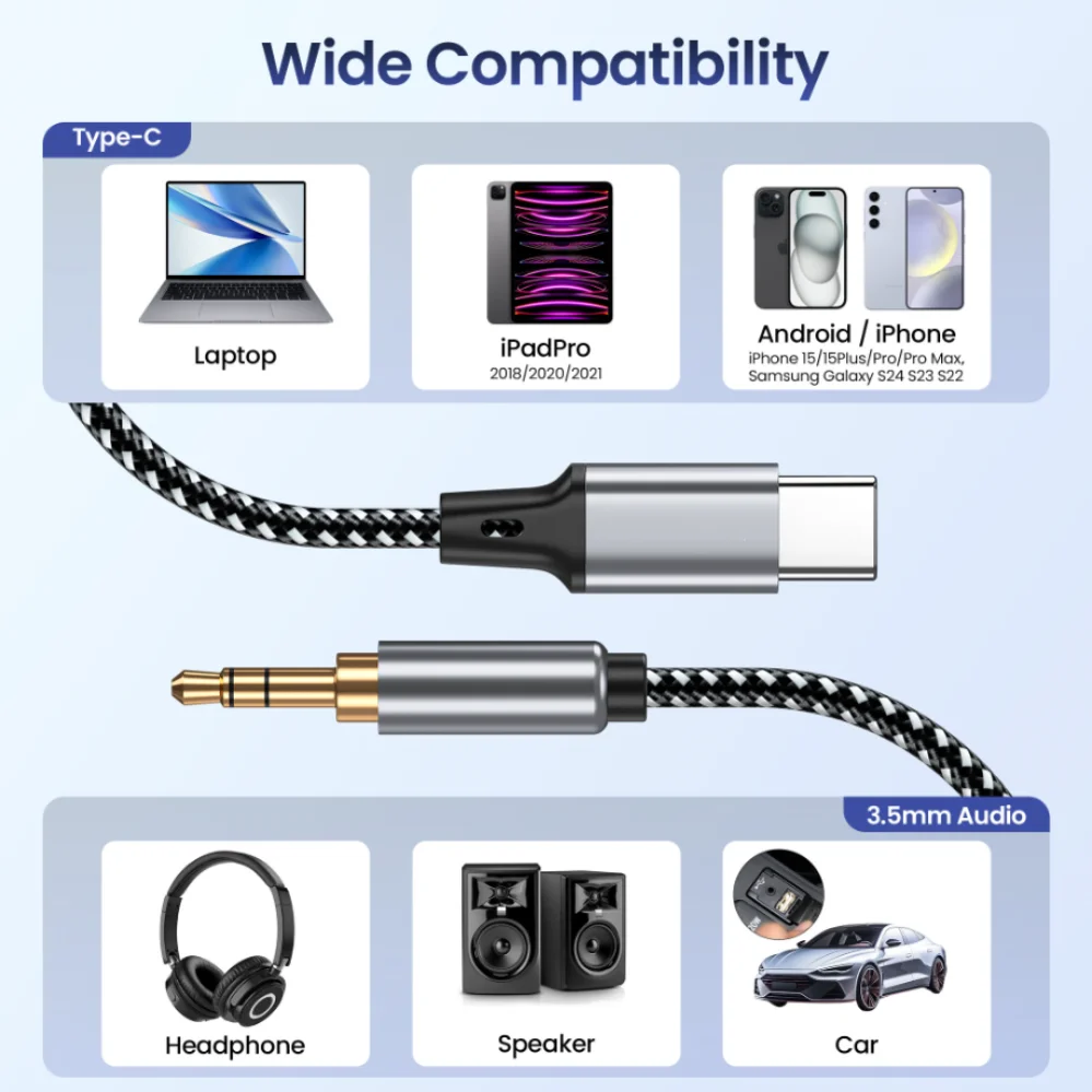 1m 1,5 m 2m USB tipo C a conector auxiliar de 3,5 Mm adaptador de Audio DAC USB-C para auriculares de teléfono conector de Audio de sonido estéreo HIFI para coche