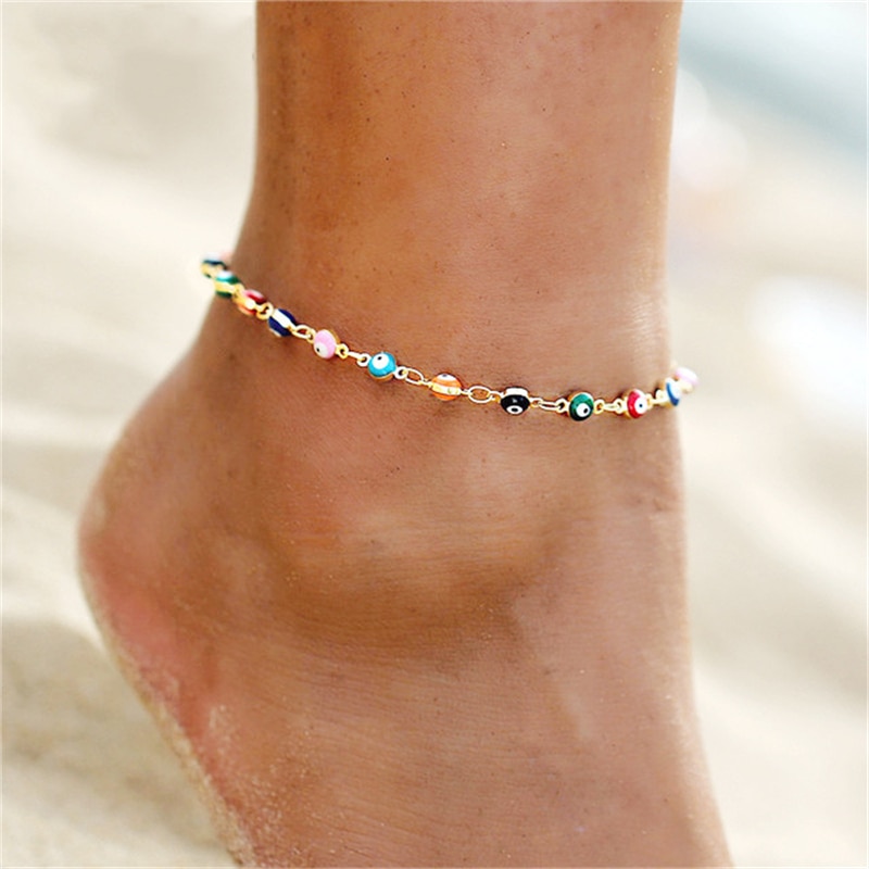 Tobilleras de abalorios Bohemias de ojos turcos multicolor para mujer, pulsera de tobillo de concha de tortuga, pulsera de pie, joyería de playa de océano