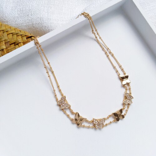 Koreaanse Mode Mooie Double Layer Choker Ketting Mooie Pave Vlinder Delicate Ketting 1071: Default Title