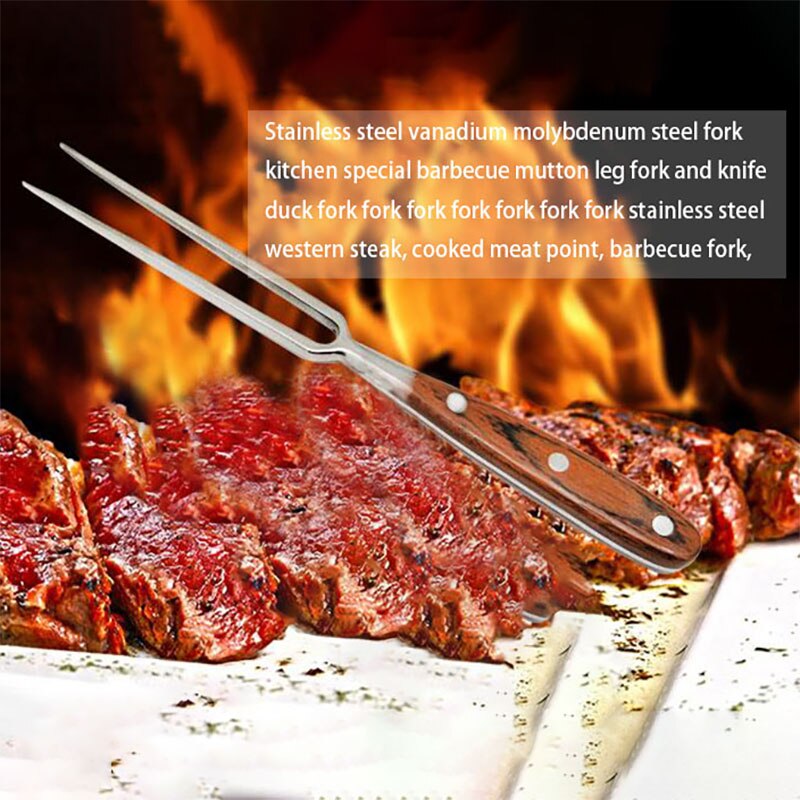 Wooden Handle Stainless Steel BBQ Fork Portable Outdoor Barbecue Tool Barbecue Meat Wood Fork Barbecue Fork Kitchen Tools