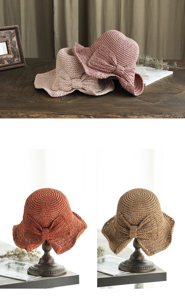 100% Raffia Boog Zonnehoed Brede Rand Floppy Zomer Hoeden Voor Vrouwen Strand Koepel Emmer Hoed Schaduw Hoed