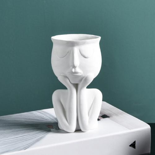 Maceta de cerámica con cara humana para el hogar, maceta de plantas y flores, jarrón ecológico, bonito: Blanco