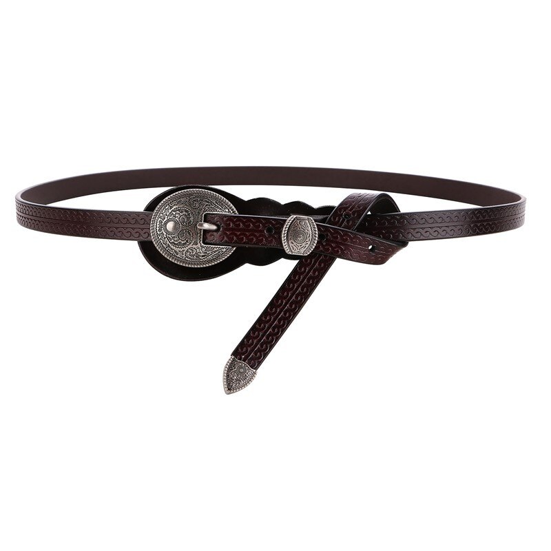 Vintage Metal Buckle Head Waist Belt Womens Medeival Larp Viking Costume Accesory Fashon Thin Waistband Straps Curved For Lady: Coffee(115cm)