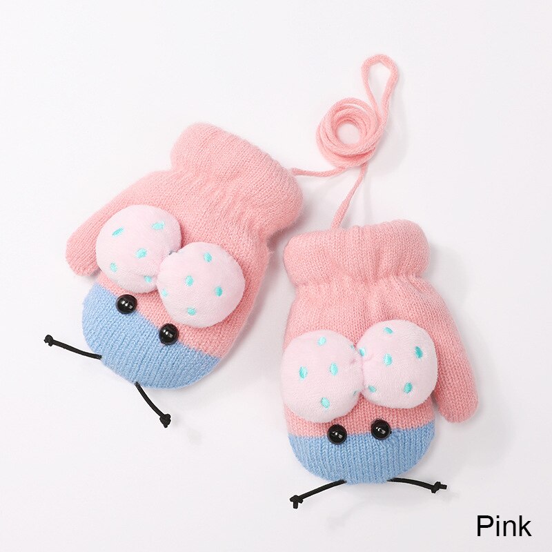 REAKIDS Cute Cartoon Children Gloves 2-5 Years Old Winter Knit Baby Mittens Velvet Thick Children Kids Keep Finger Warm: pink