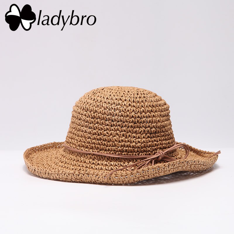 Ladybro Brand Ladies Sun Hat For Women Bowknot Raffia Straw Hat Foldable Summer Hat Wide Brim Beach Hat Female Chapeau Femme: 010 khaki