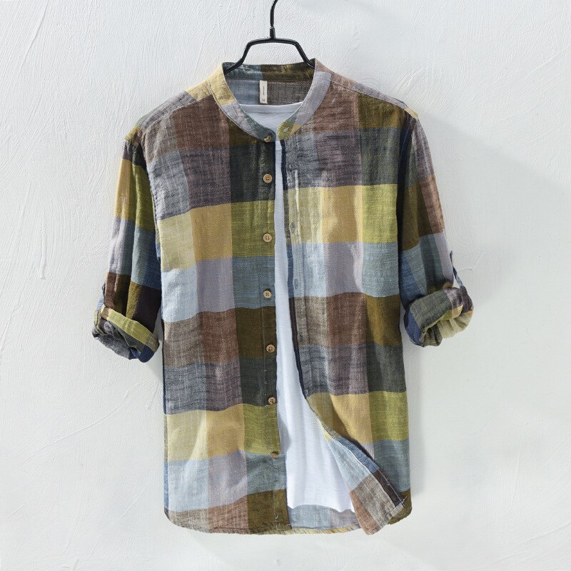 Langærmet plaid skjorte vintage herre skjorter linned løse åndbare herre skjorter afslappet vinter skjorter mænd: Blandet / M