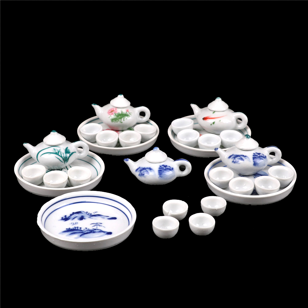 6pcs Miniature Dollhouse dinnerware porcelain tea set tableware Cup plate Colorful floral print: Default Title