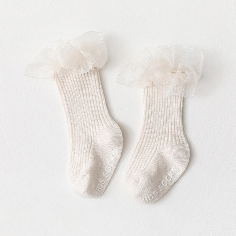 Chaussettes en dentelle à volants pour -né, mignonnes, de couleur unie, antidérapantes, pour bébé fille, pour enfant en bas âge, collection printemps et automne: beige / 0-6M