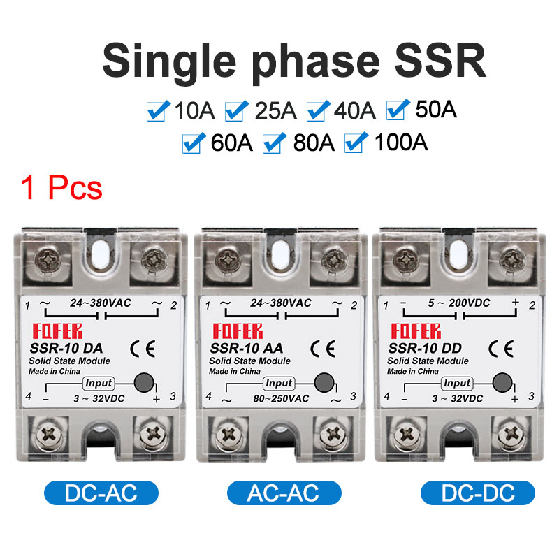 LCTC 1 stks Solid State Relais Eenfase Contactloze SSR DC Naar DC AC Naar AC DC Naar AC 24-380VAC 10A 25A 40A 50A 60A 80A 100A
