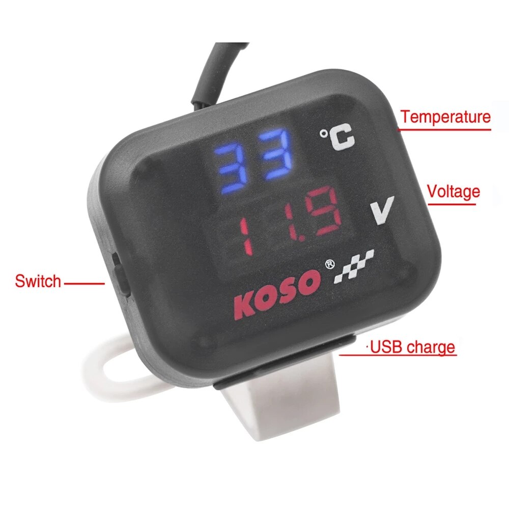 Koso Motorfiets Air Temperatuurmeter Led Voltmeter Voltage Voor Motorfiets 2 In 1 Functie Voltmeter Display Indicator Met Usb