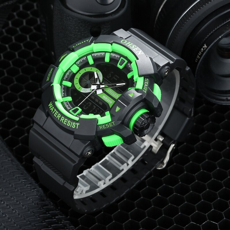 OHSEN mode digitale quartz mannen mode horloge Rubber band LCD alarm functie groen sport leger diver horloges