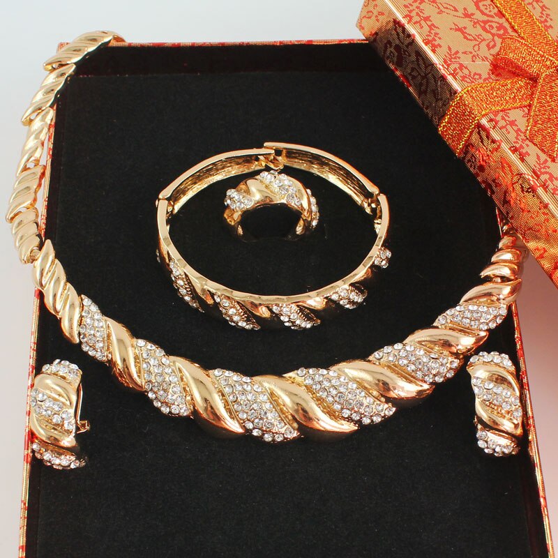 afrikanisch Schmuck setzt Gold Farbe modisch Halskette Ohrringe Armbinde Frauen Farbe Gold Schmuck-einstellen Hochzeit Zubehör: einstellen hinzufügen Kasten