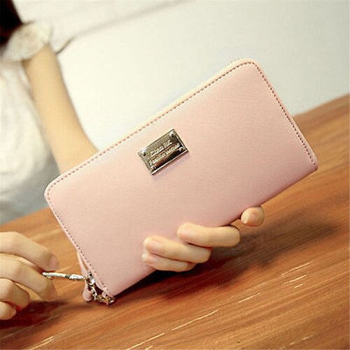 Women Ladies Zipper Faux Leather Long Purse Clutch Phone Bag Wallet Card Holder: Pink