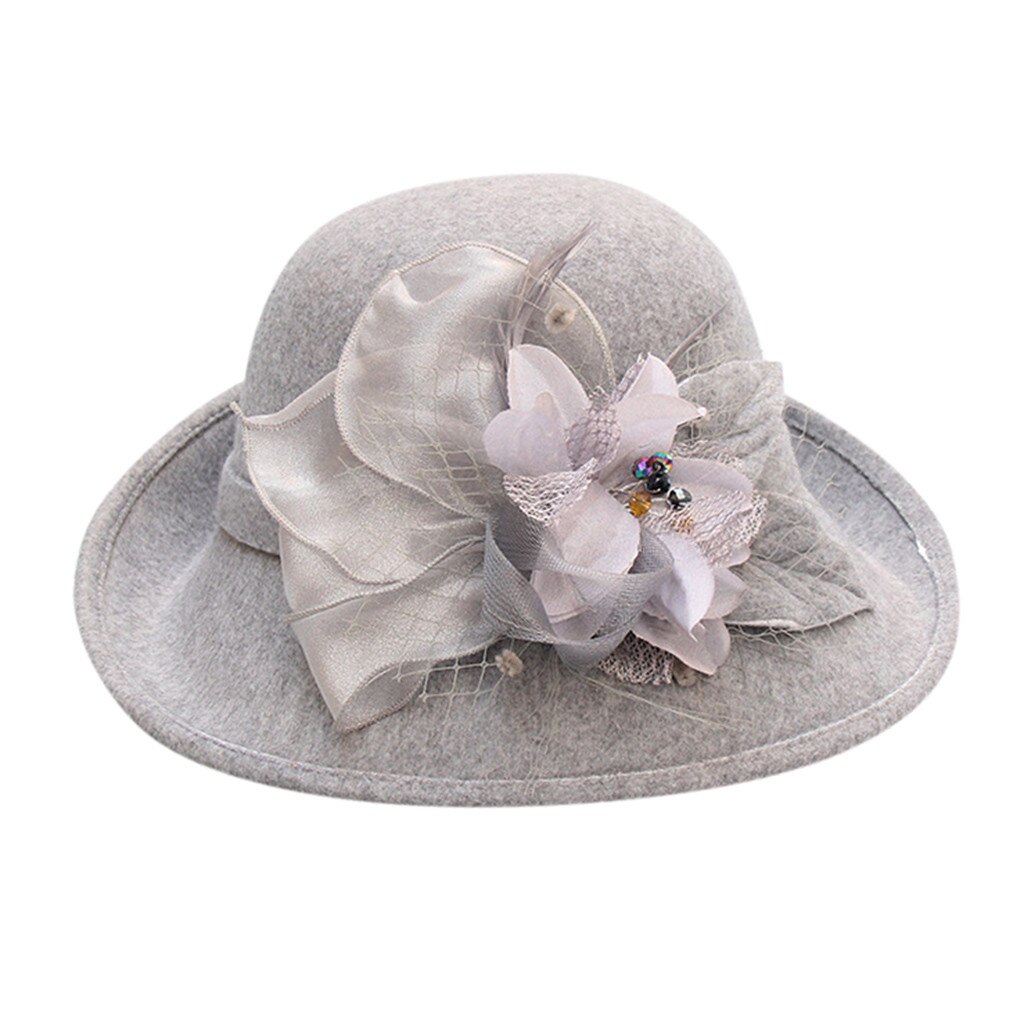 Vintage Black Wool Felt Cloche Hat With Bowknot Wide Brim Bowler Winter Fedoras Ladies Yellow Blue Floppy Derby Hats Cap#p5: Gray