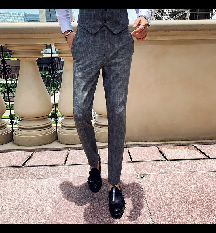 Pantalon habillé hommes formel bureau Pantalon pour hommes gris Plaid Social Slim Fit fête parfum Masculino Pantalon Costume Homme