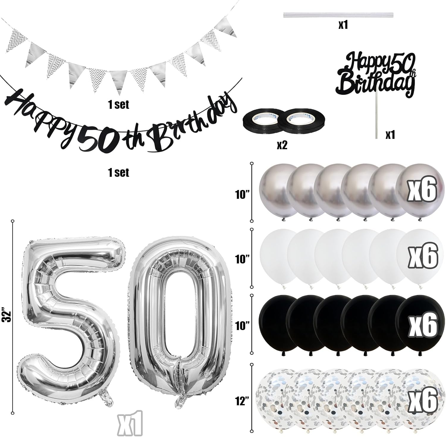 50 decoraciones de de cumpleaños para mujeres y hombres, pancarta de feliz 30, 40 y 60 cumpleaños, globos, suministros para decoración de tartas, color negro, plateado y blanco: LASER