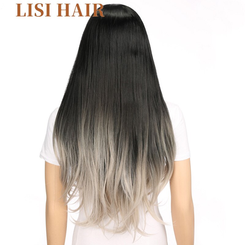 LISI Pelo Largo liso negro degradado marrón gris pelucas púrpuras para mujeres tamaño medio pelo sintético fibra de alta temperatura