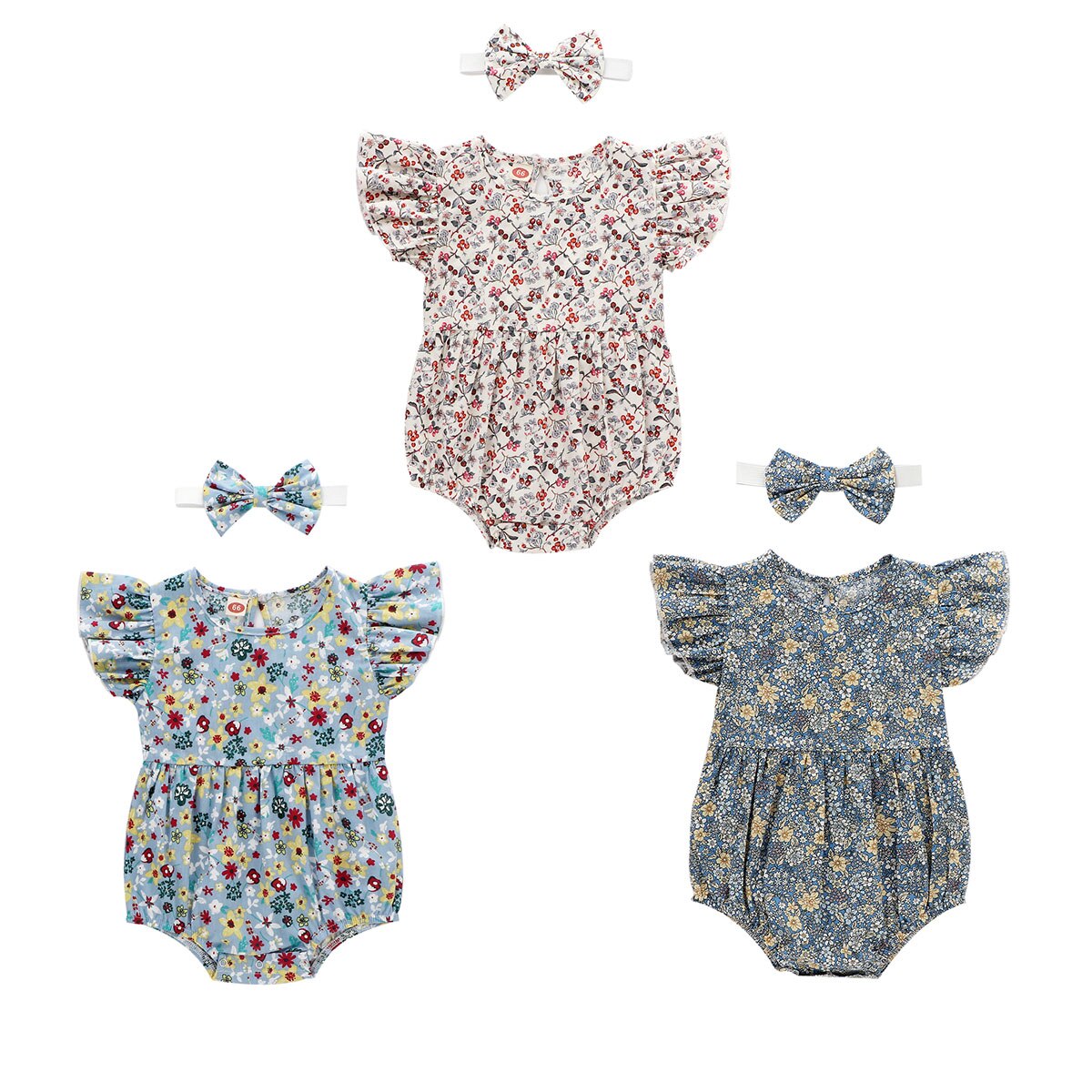 Meisje 2Pcs Bloem Gedrukt Romper Set, fly Mouwen Ronde Hals Driehoek Bodysuit Met Hoofdband Voor 0-24 Baby Zomer Dragen