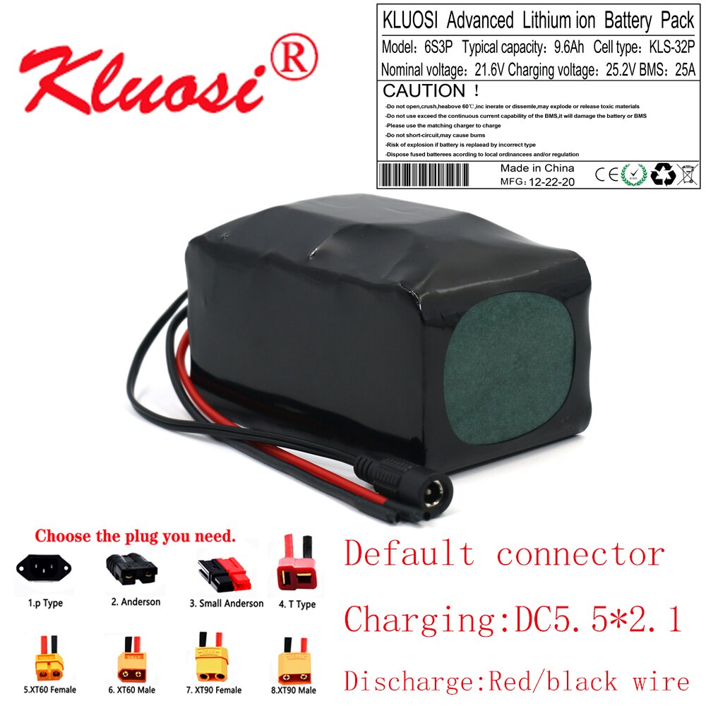 KLUOSI – batterie Lithium 6S3P 24V 9.6Ah 21.6V 10ah 25.2V, pour vélo électrique, Scooter, fauteuil roulant, avec BMS 25a
