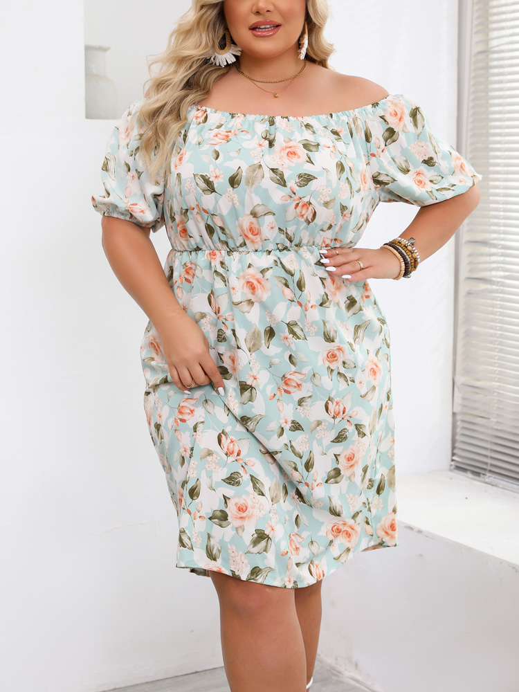 Gibsie plus size småblomstrede off-shoulder-kjole til kvinder sommerkjoler med pufærmer og boho-strandkjoler: 4xl / Blå