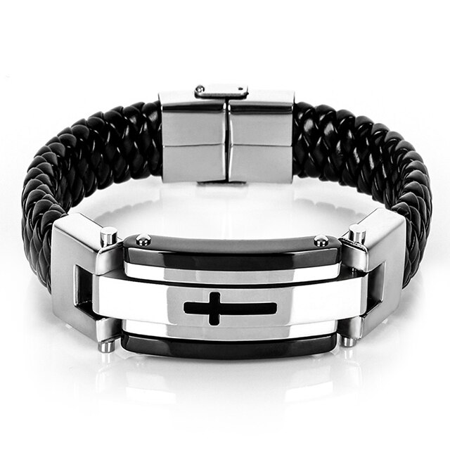 CFBulongs Classic Cross Stainless Steel Braided Leather Men's Bracelet Casual Wristband Punk Jewelry Christmas: Silver