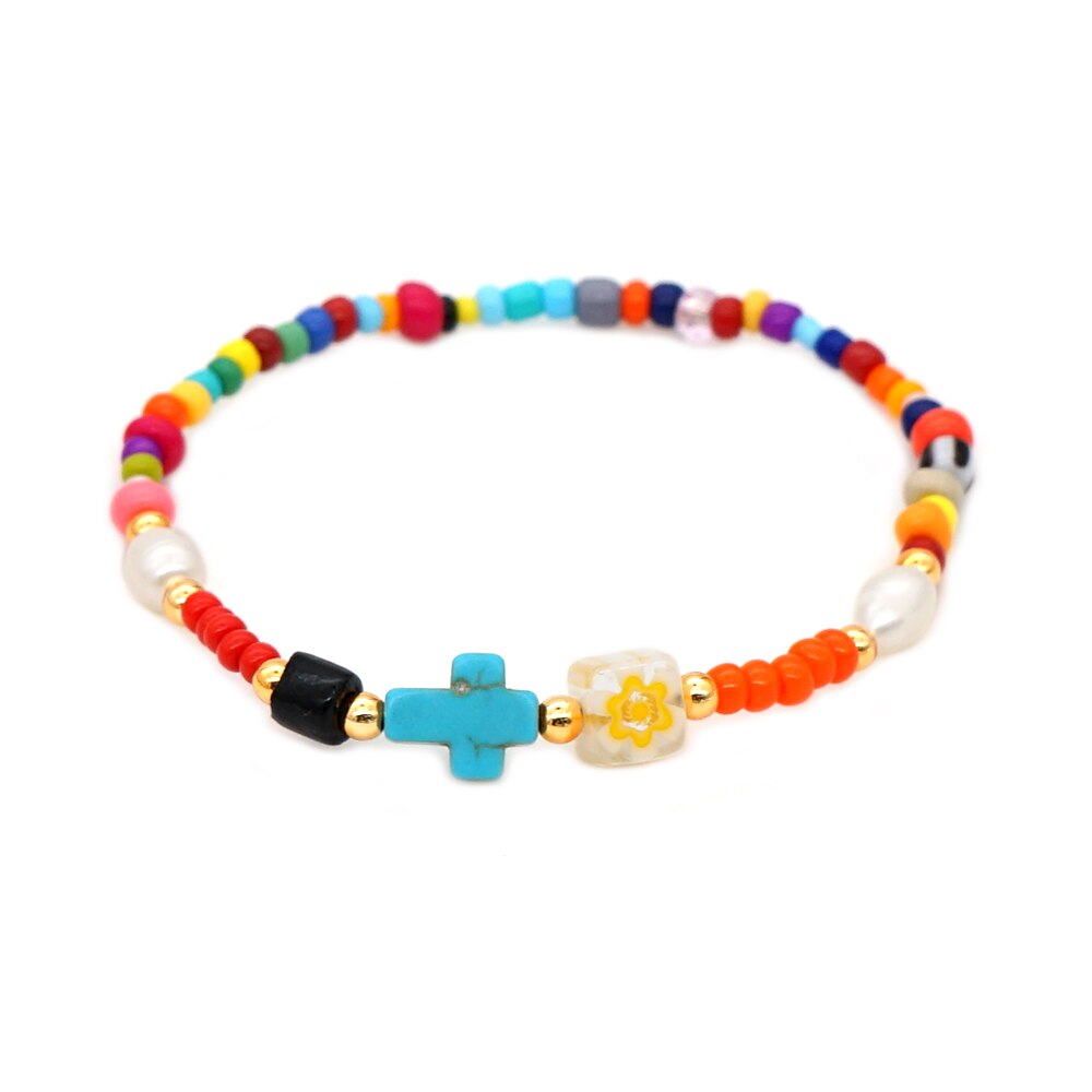 GO2BOHO Rainbow Beads Cross Christian Bracelets Pulseras Mujer Moda Bracelet For Women Real Pearl Patchwork Handmade Jewelry: QT-B200105C