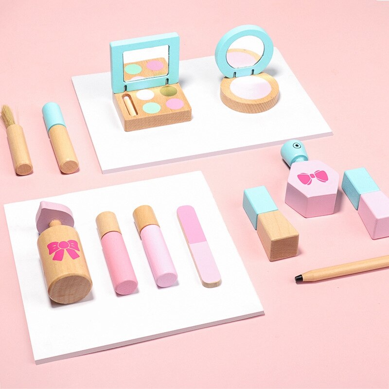 12 Pcs Wooden Pretend Play Makeup Playset for Girls Role Play Cosmetics Toy Simulation Beauty Accessories for Kids