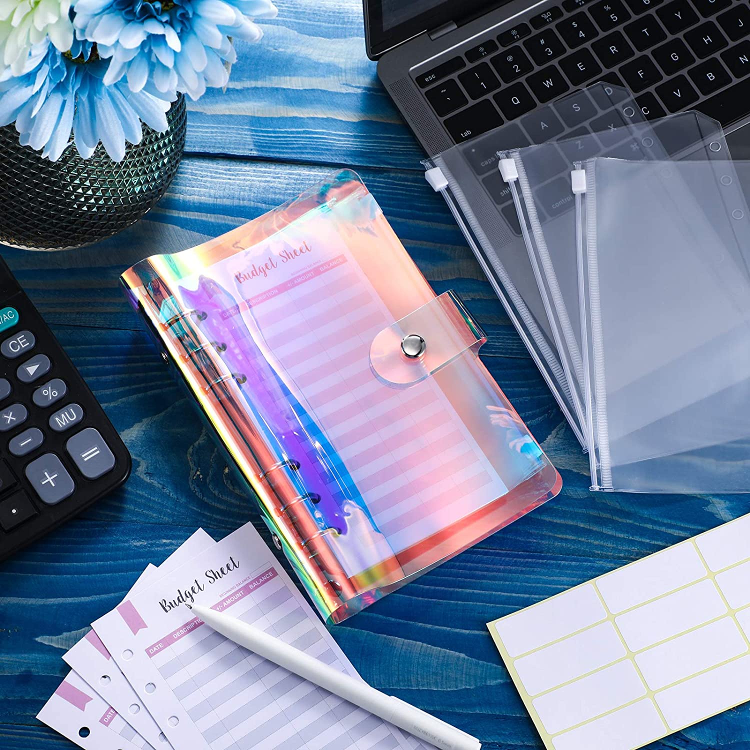 27 Pieces 6-Ring Binder Cover A6 Binder Cover 12 Pieces Binder Zipper Pockets and Sheets for Personal Budget Planner Notebook