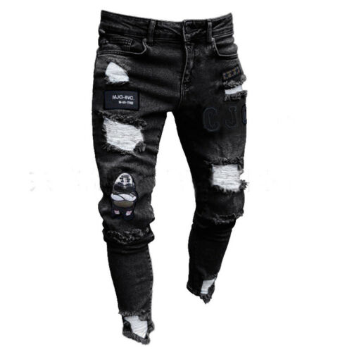 Jean de motard mince extensible déchiré pour hommes, Jean de rayé avec broderie de motard, Denim imprimé, trous et destruction, coupe Slim, 3 Styles