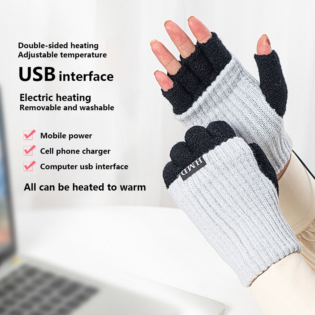 Fabric Fingerless Gloves Winter Men Women Electric Heating Hand Washable Office Mittens Hand Protector Dark Grey