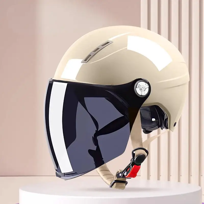 Men Motorcycle Helmet Woman Electric Motor Car Scooter Bike Open Face Half Helmet Anti Safety Hat Bicycle Cap With Goggles: Beige