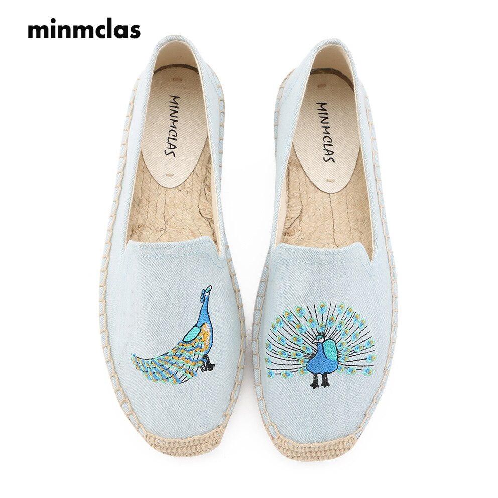MInmclas Pauw Borduurwerk Comfortabele Slippers Womens Casual Espadrilles Schoenen Ademende Vlas Hennep Canvas voor Meisje Schoenen