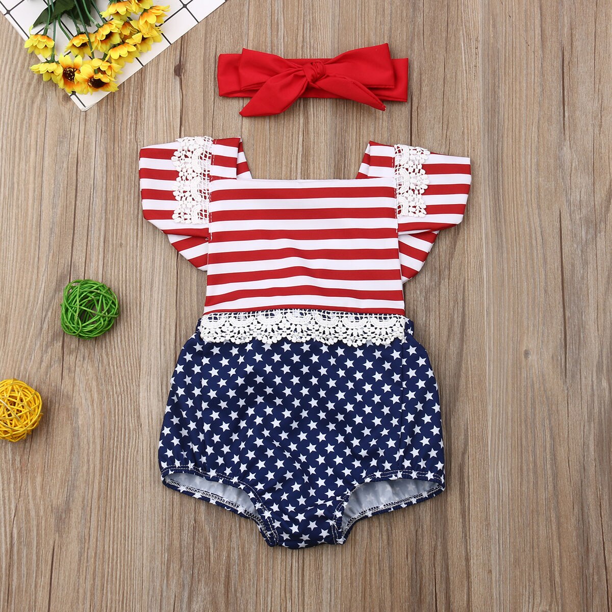 Independence Day Infant Baby Girls Boys Bodysuits Striped Patchwork Print Jumpsuits Summer Outfits
