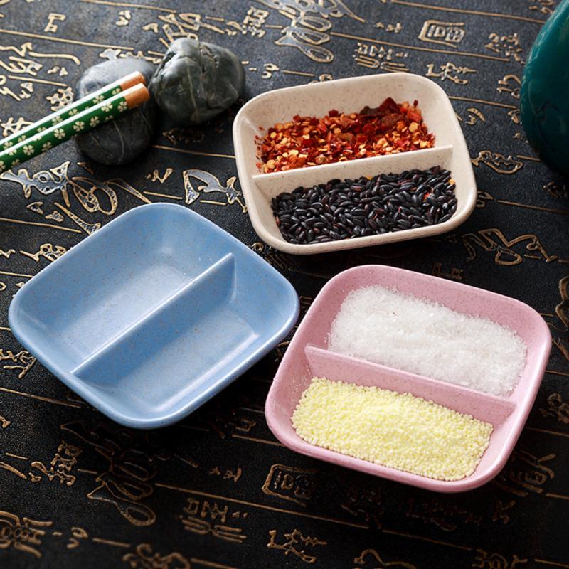 1 Pcs Kitchen Plates Sauce Dish Double Grids Wheatgrass Bowl Seasoning Sauce Drain Vinegar Taste Board Snack Dish Multi-purpose