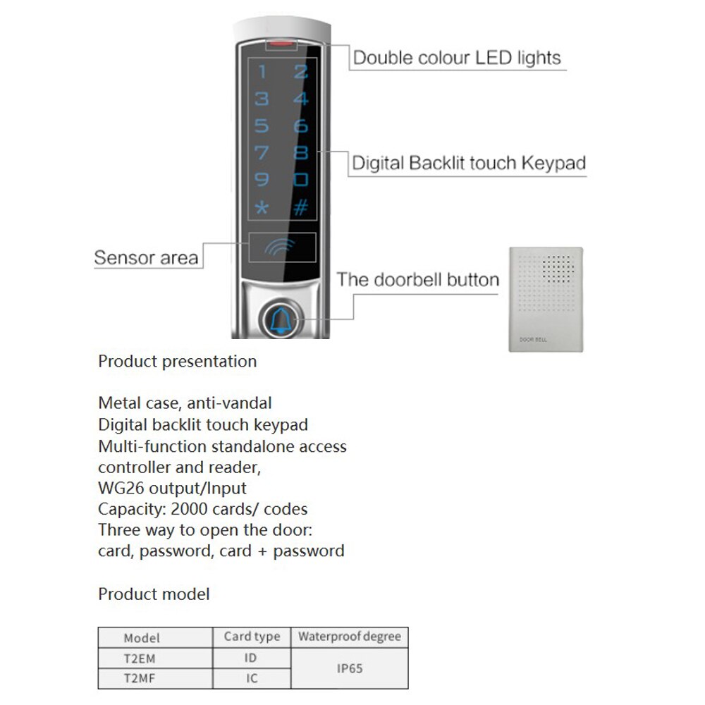 RFID Touch Keypad Access Control System Door Lock 125KHz EM Card Waterproof Metal Touch outdoor RFID Access Control T2