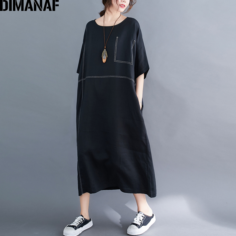 DIMANAF-vestido holgado informal de lino y algodón para verano, traje holgado para mujer en tallas grandes, color negro,