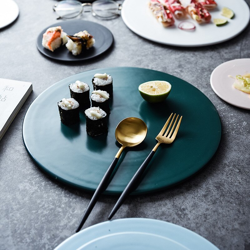 Round Flat Bottom Plate Hotel Ceramic Dinner Plates Beef Tableware Solid Color Dessert Dish Simple And Sushi Dishes